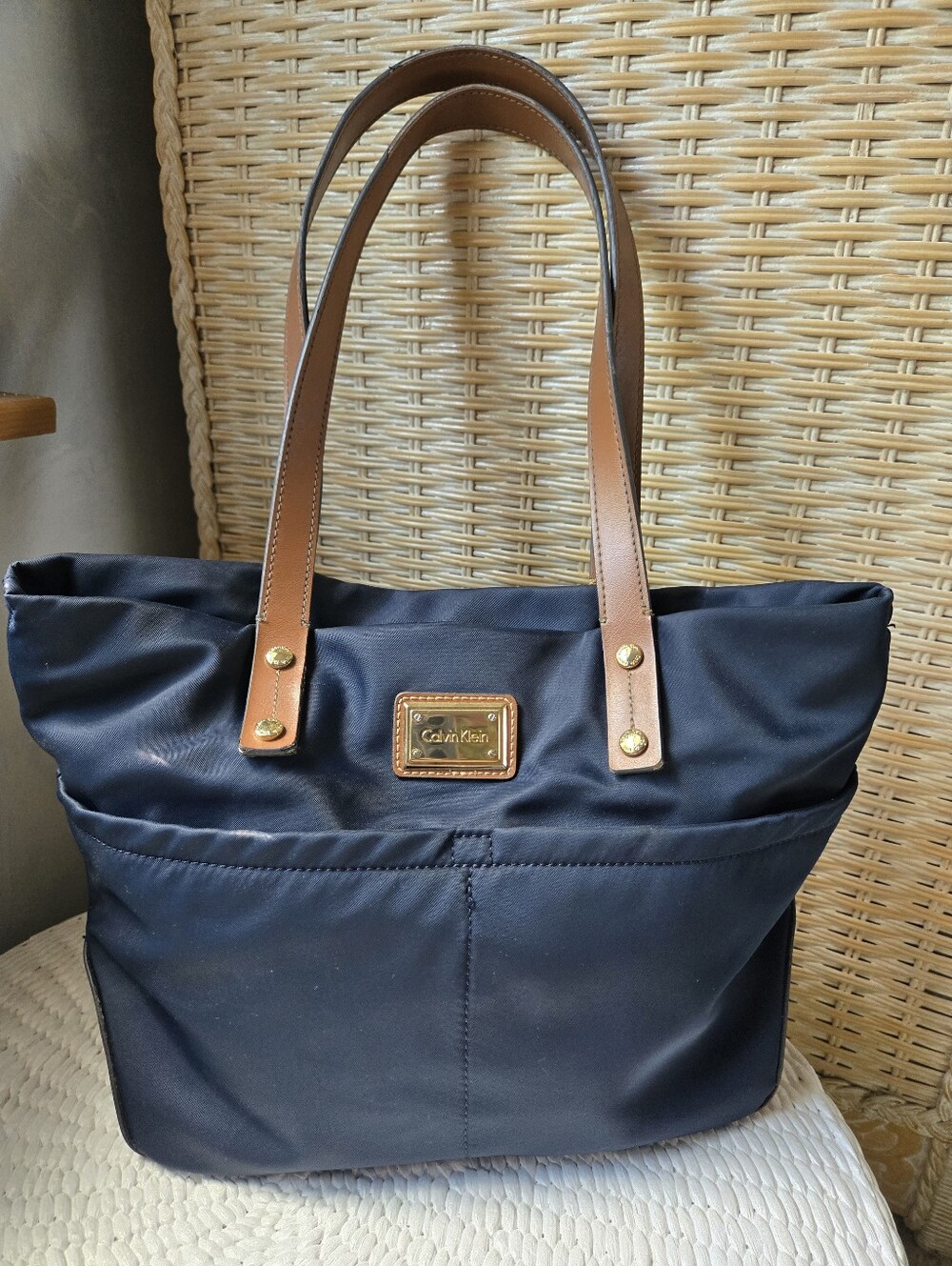 Calvin Klein Navy Tote with Brown Leather Handles